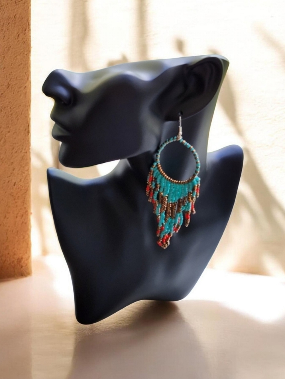 Turquoise Beaded Fringe Hoop Earrings - Boho Tribal Tassel Statement Jewelry
